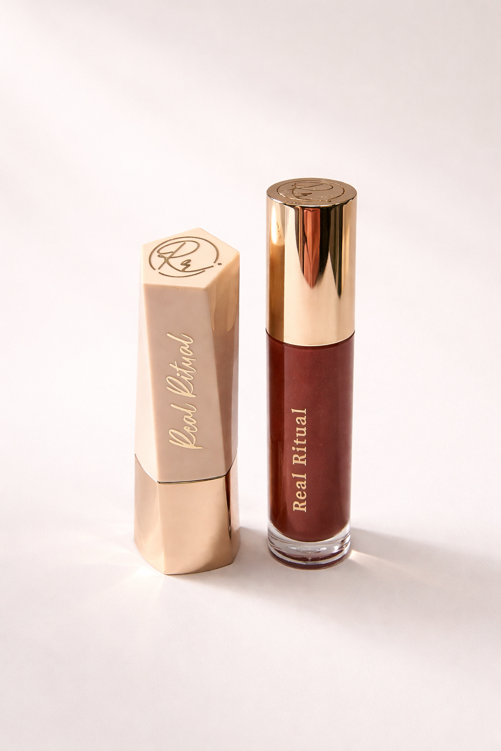 Dhara with Mirage (Terracotta brown lipstick with transparent golden gloss)